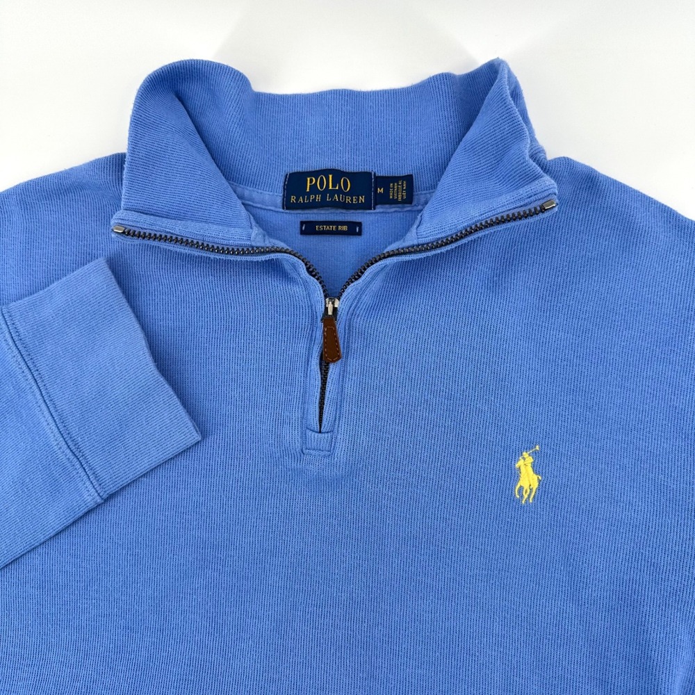 Polo Ralph Lauren Mens Estate Rib Quarter-Zip Pullover Blue Cotton Pony Logo